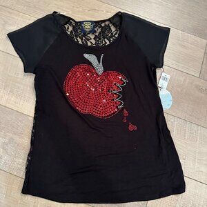 Disney Couture Womens Black Short-Sleeve Sequin shirt Red Apple Design & Lace NE